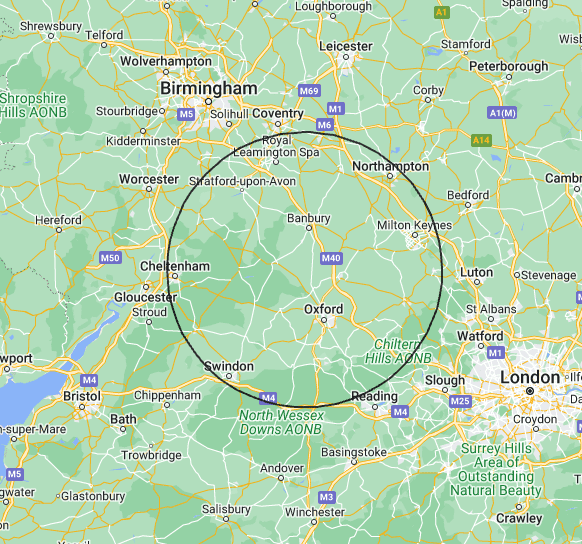 Map with Oxford and Banbury with a circle in the centre