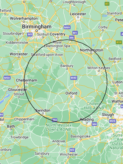 A map with Oxford and Banbury with a circle in the middle of it.